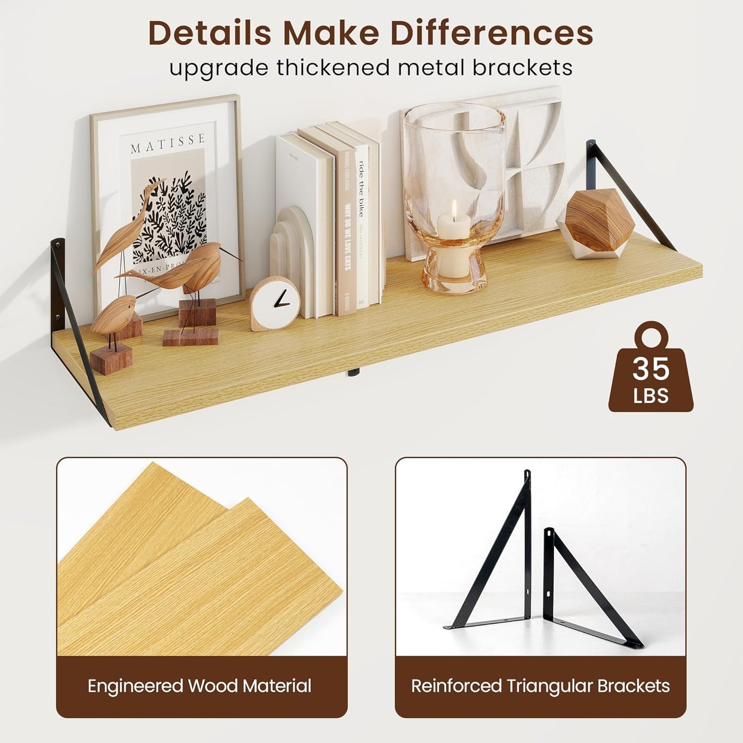 Axeman Deep Floating Shelves for Wall - 36 Inch Wide x 10 Inch Deep Floating Shelves Set of 2 -Oak Wide Wall Shelves for Living Room Bathroom Bedroom