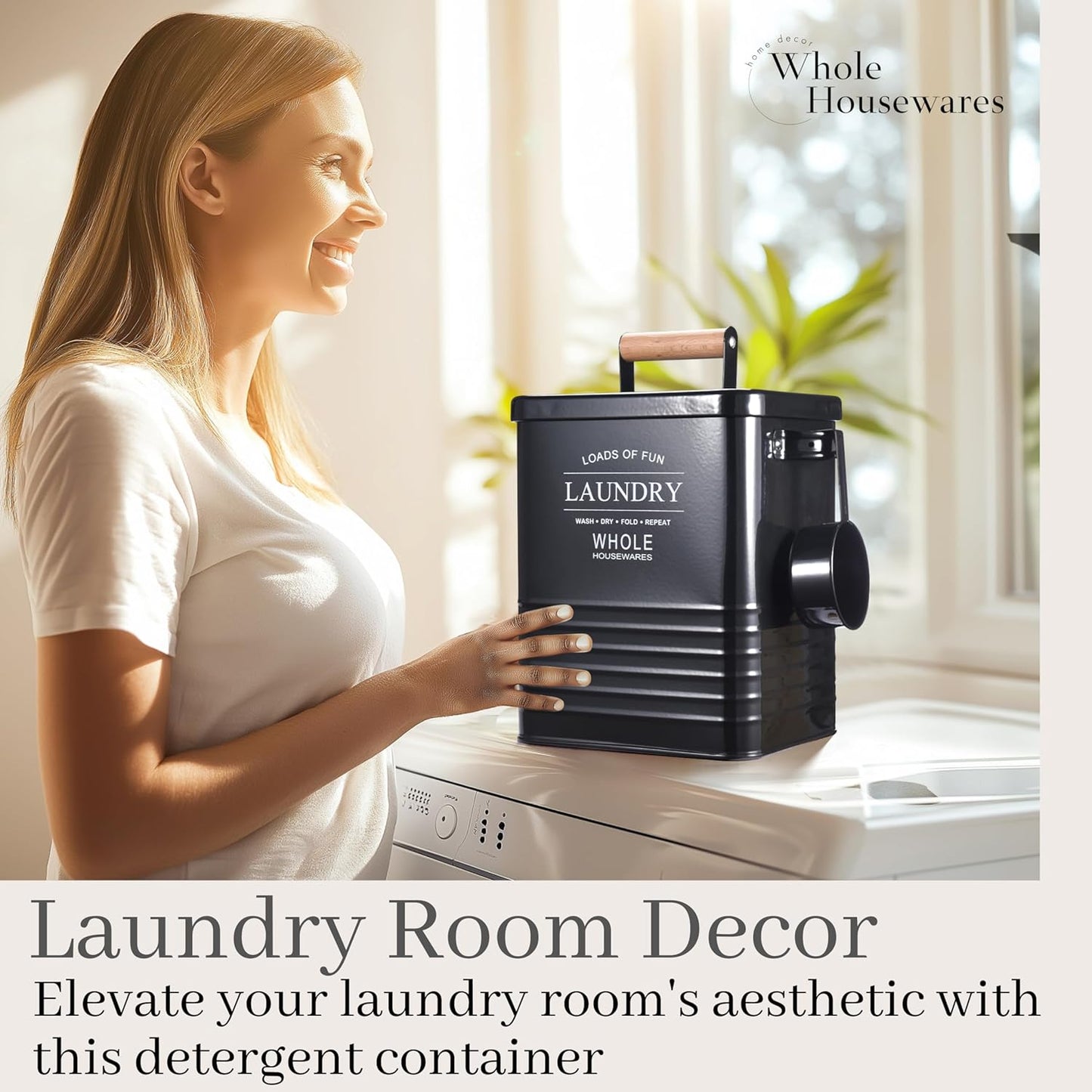 Whole Housewares Laundry Detergent Container - Tin Farmhouse Metal Laundry Powder Soap Dispenser With Scooper, Airtight Lid And Handles - Vintage Soap Pod Holder Storage Bin With Lid And Scent Holders