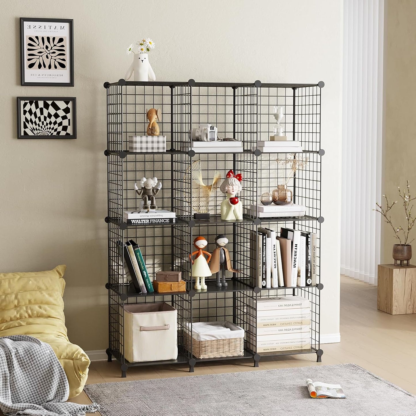 12-Cube Storage Organizer, Metal Wire Cube Shelving Unit, 11.8" L x 11.8" W x 11.8" H, Modular Grid Bookshelf for Closet, Bedroom, Office, Black ATTJL12B