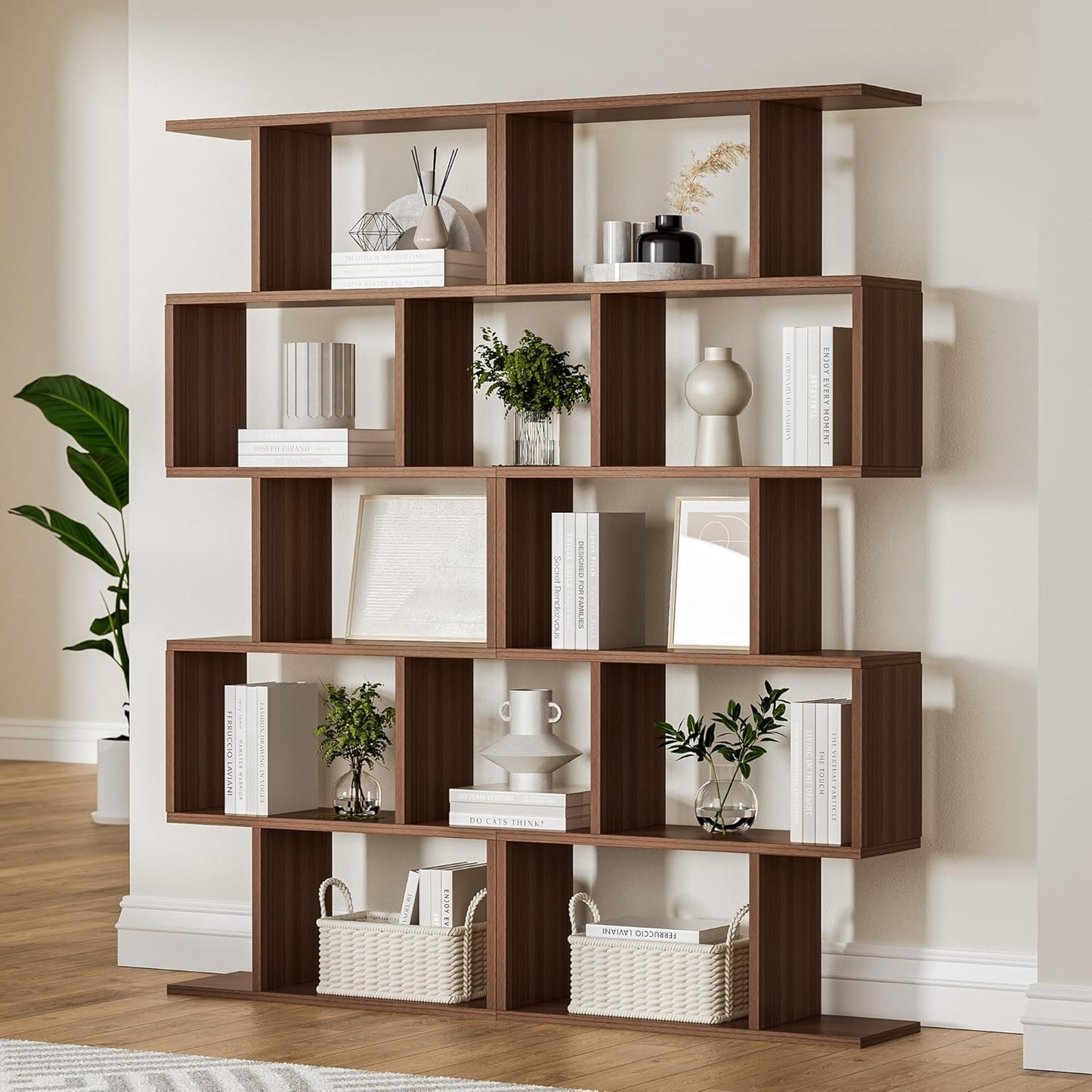 Brown 5-Tier Geometric Bookcase, S-Shaped Modern Bookshelf Set of 2, 62.6" Tall Room Divider Book Shelf, Decorative Display Shelf