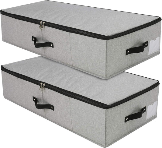 2PCS Foldable Under Bed Storage Container with Plastic Support Liner, Handles, Zipper lid, Sweater Pillow Blankets ClothesStorage Organizer for Bedroom and Closet, 29×15×7inch, Dark Grey