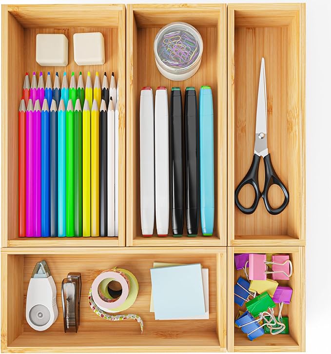 Bamboo Drawer Organizer Set, 5 PCS Wooden Storage Trays for Kitchen, Bathroom, Office, Makeup