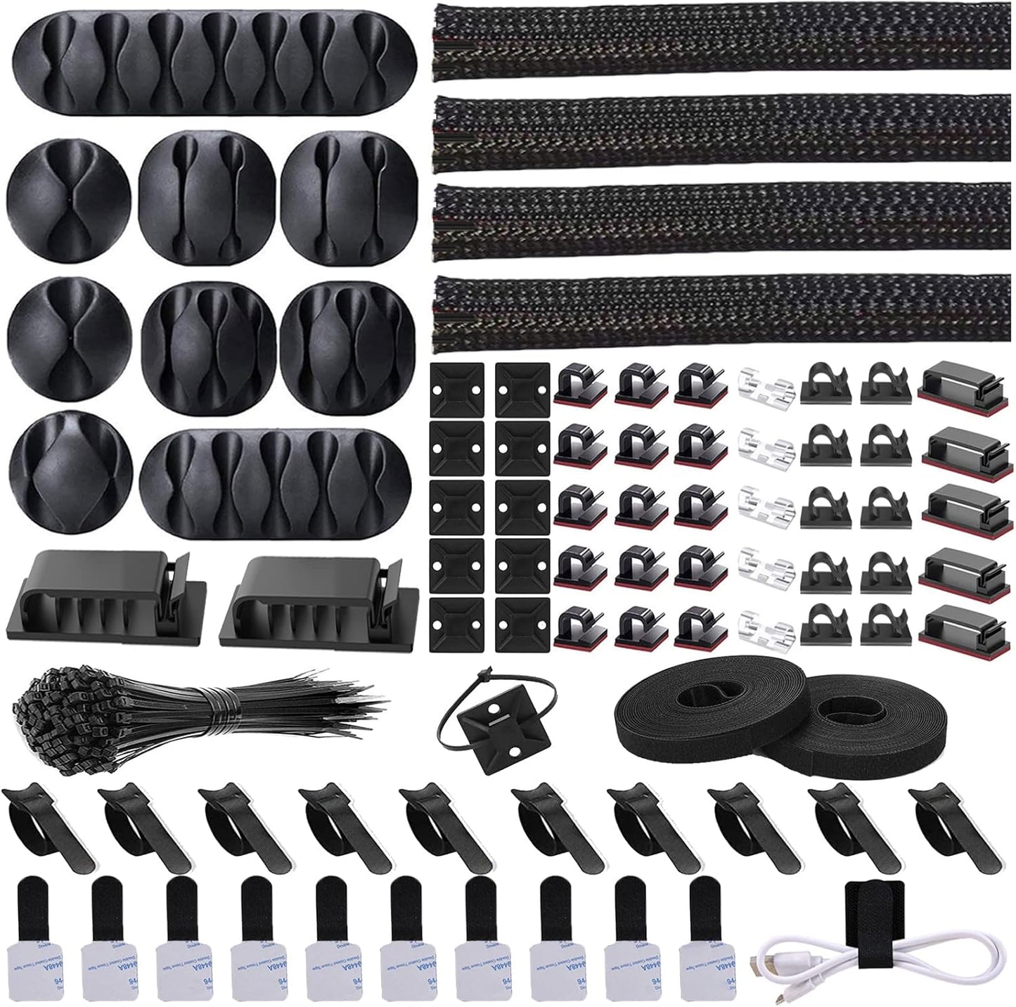 Cord Management Organizer Kit 4 Cable Sleeve split with 41Self Adhesive Cable Clips Holder, 10pcs and 2 Roll Self Adhesive tie and 100 Fastening Cable Ties for TV Office Car Desk Home