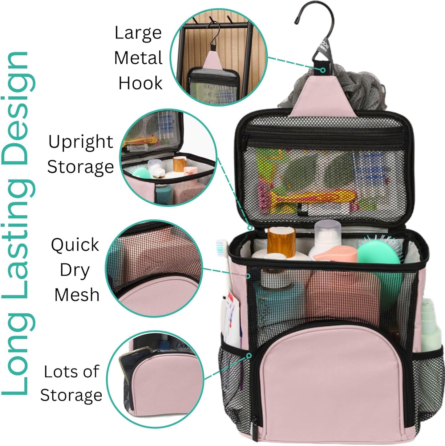 College Dorm Room Essentials for Girls - Original Shower Caddy Dorm - Portable, Durable, Roomy, Foldable Water Resistant Shower Bag in Light Pink with Metal Hook for Hanging (Blush Pink)