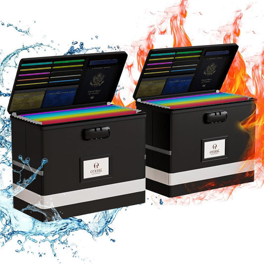 Oterri 2 Pack Fireproof Document Box With Lock, Portable File Safe Box Fireproof Waterproof For Letter Files, Collapsible Fireproof File Box With Handle Black