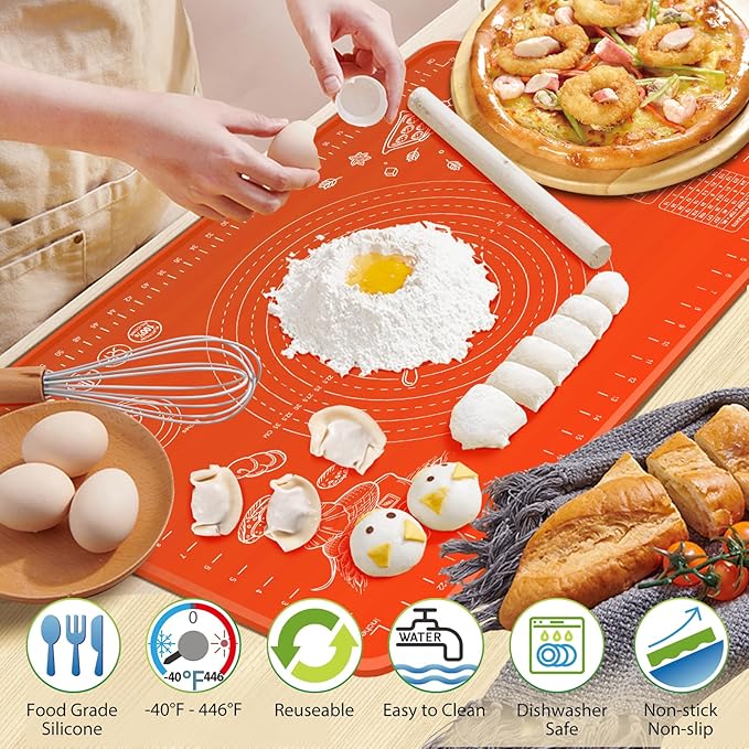 Silicone Baking Mat 28" x 20" Extra Thickness Dough Rolling Mat with Measurements and Edge Heightening, Non-stick Food Grade Silicone Pastry Mat for Pastry, Bread, Cookies, Pizza, Fondant, Pasta-Red