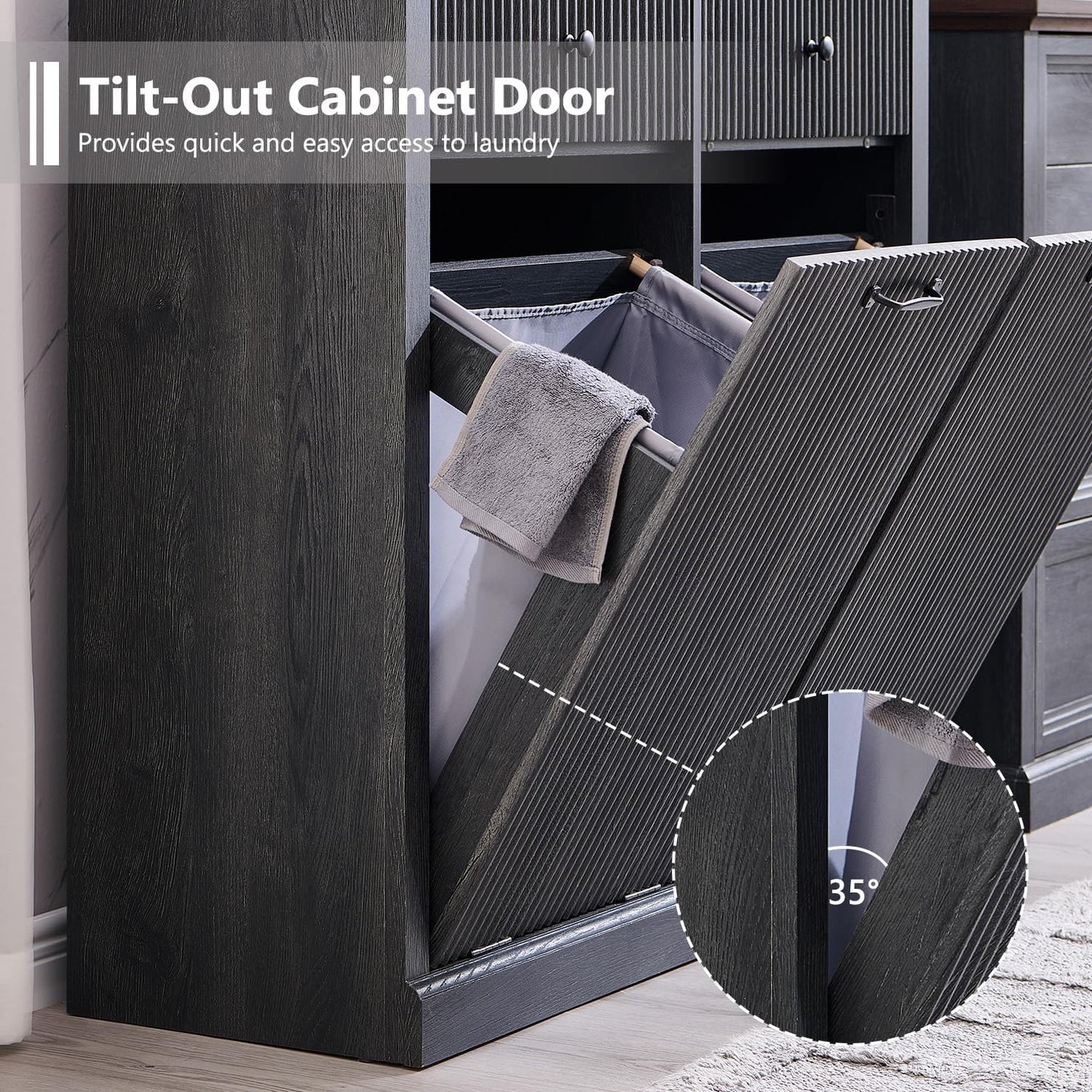 Modern Double Tilt-Out Laundry Hamper Cabinet, 20 Gallon Fluted Trash Can Cabinet w/2 Drawers, Wooden Hidden Garbage Can Cabinets w/Laundry Basket, Free Standing for Bathroom and Kitchen, Grey