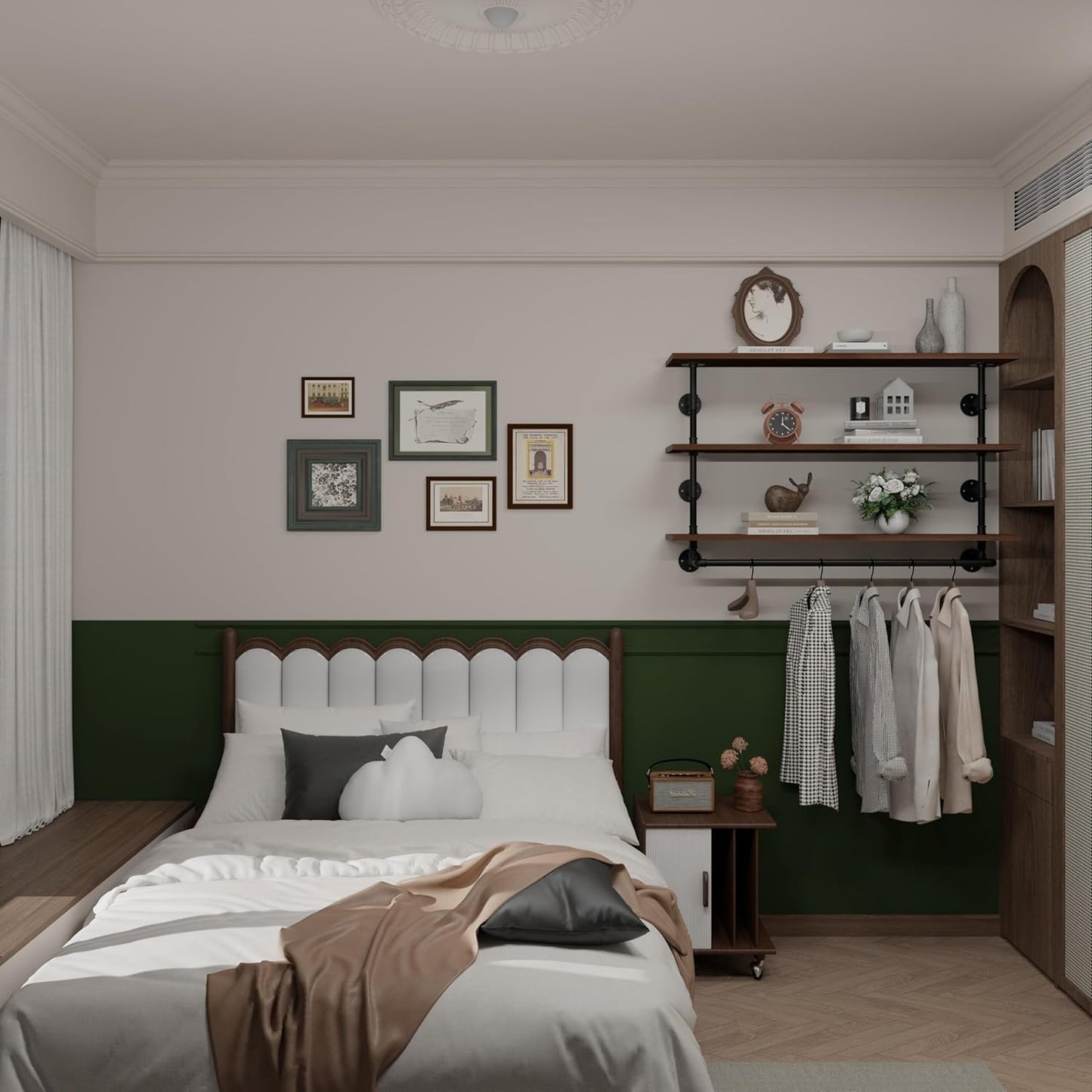 Clothes Shelves 48in, 3-Tier Wall Mounted Garment Rack with Real Walnut Wood Shelf, Heavy Duty Hanging Clothes Rack, Multi-Purpose Hanging Rod, Space-Saving Closet Storage