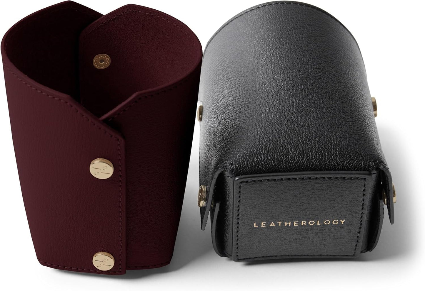 Leatherology Premium Oxblood Modern Pencil Cup – Leather Desk Organizer with Snap Construction, Lays Flat for Travel, Minimalist Portable Design with Suede Interior