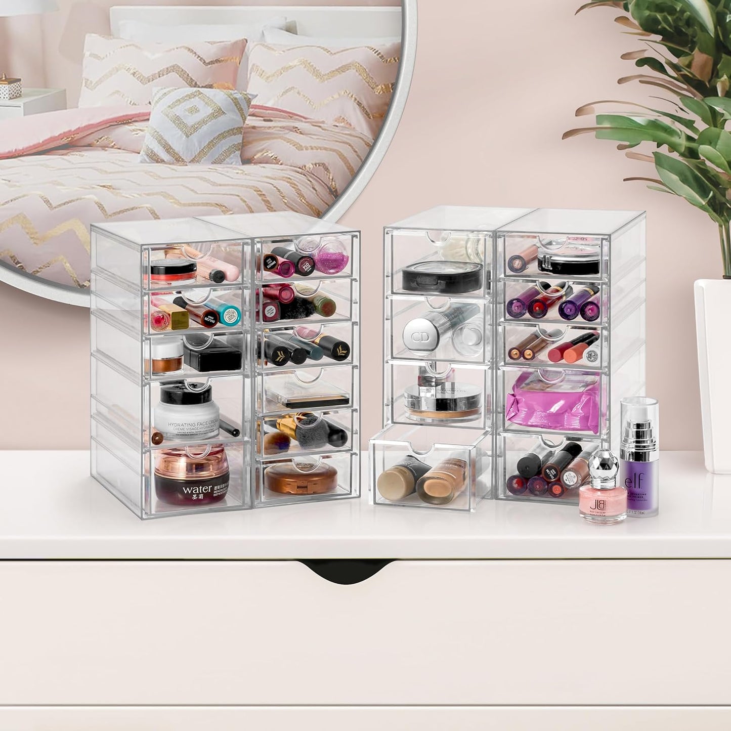Sorbus Makeup Organizer With 20 Drawers, Acrylic Drawer Organizer for Makeup, Office Organization and Storage, Art Supplies, Jewelry, Stationary - 4 Pcs Clear Stackable Storage Bins Organizer Drawers
