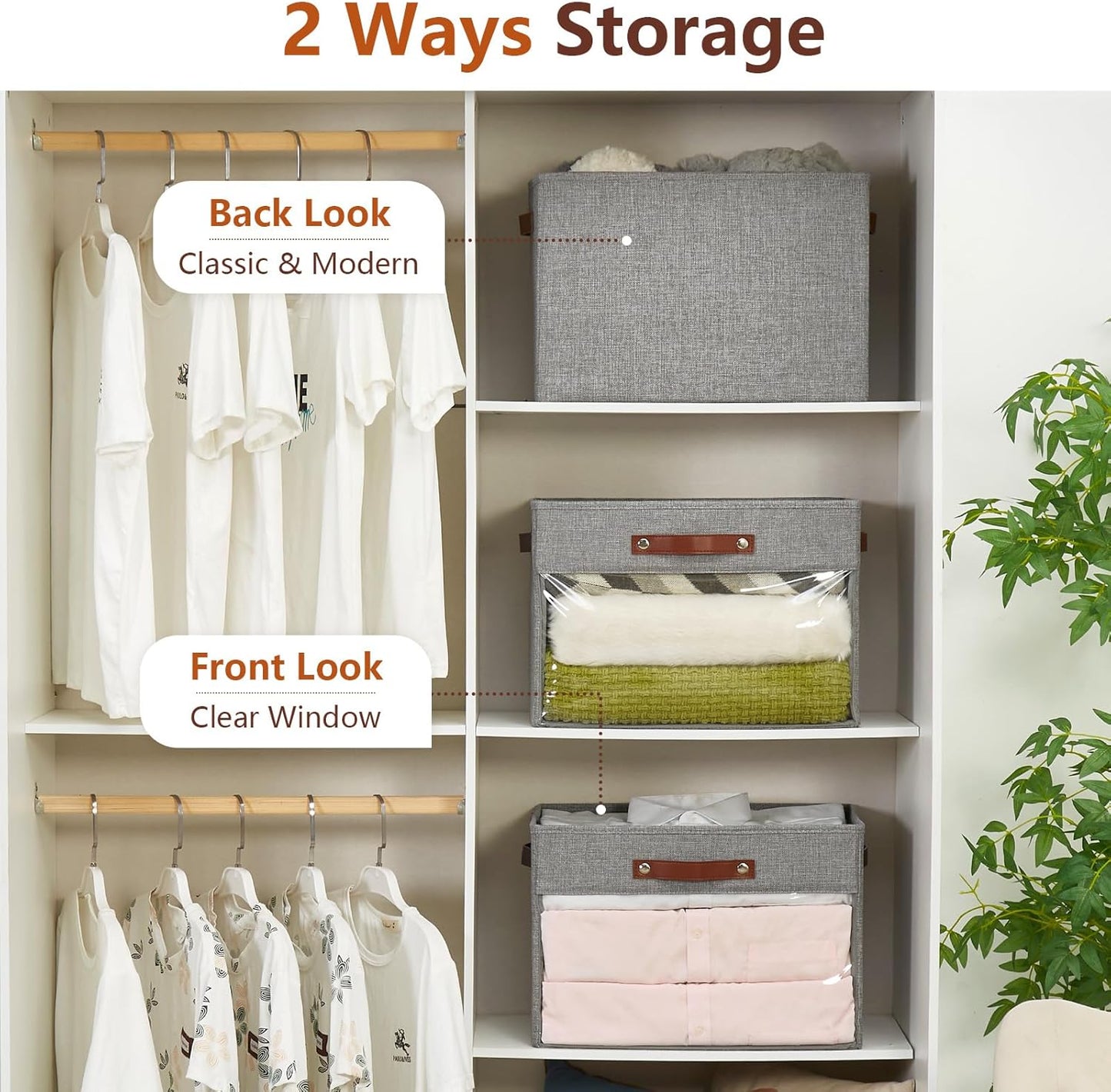 Extra Large Storage Baskets with Clear Window, See Through Closet Organizer with PU Handles, Linen Foldable Storage Bins for Organizing Clothes, Toys, Books (Gray)