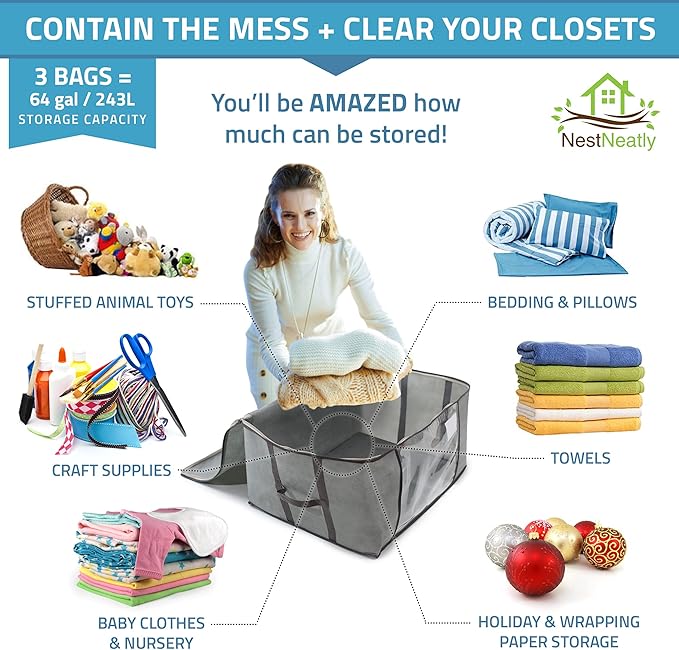 NestNeatly Large Capacity Clothes Storage Bag Organizer with Reinforced Handle for Comforters, Blankets, Bedding, Foldable with Sturdy Zipper, Clear Window, 3 Pack, Gray