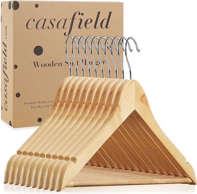 Casafield - 10 Natural Wooden Suit Hangers - Premium Lotus Wood with Notches & Chrome Swivel Hook for Dress Clothes, Coats, Jackets, Pants, Shirts, Skirts