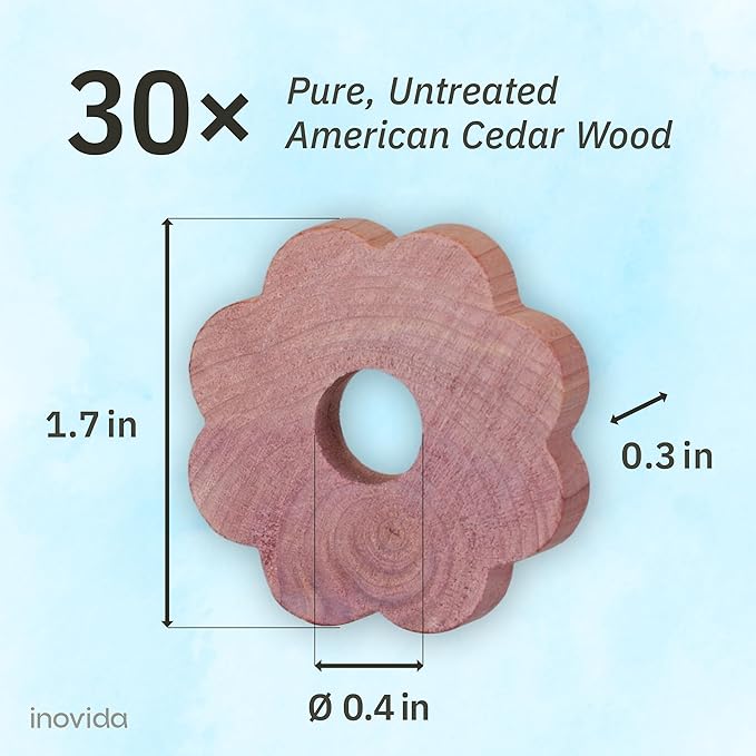 30 American Cedar Wood Rings – Stop Clothes Damage - Wardrobe Freshener – Premium American Cedarwood Flowers for Fresh Scent in Drawers and Closets - Cedar Clothes Hangers