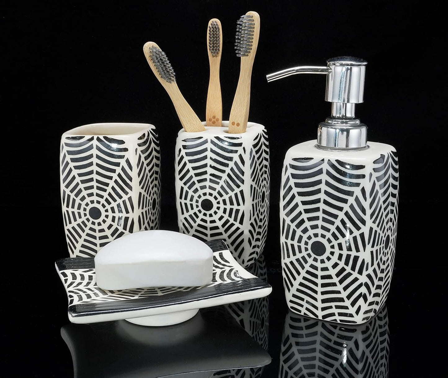 Handmade Ceramic Bathroom Accessories Set 4pcs India Pottery Vanity Complete Hand Paint, Countertop Accessory Set for Home Decor with Soap & Lotion Dispenser, Tumbler, Toothbrush Holder, Soap Dish