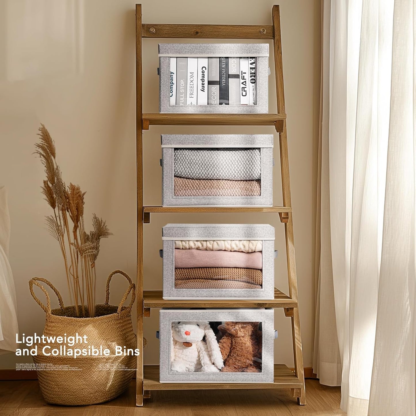 Large Storage Baskets Bins with Lids - Stackable Cube Bins for Closet, 3 Pack Windows Organizer Bins, Home Organizers and Storage for Clothes, CD, Towels, Light Grey