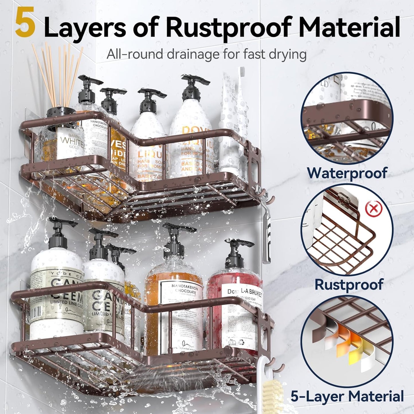 YASONIC Shower Caddy Corner, 3-Pack Adhesive Rustproof Stainless Steel Shower Shelves with Soap Holder, No Drilling Shower Organizer Corner for Dorm, Renters Bathroom, Bronze