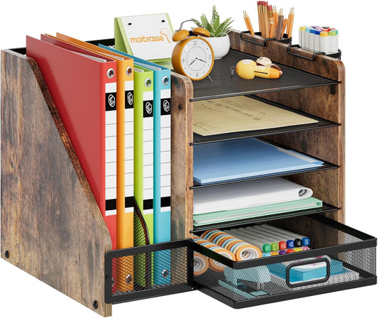Marbrasse Desk Organizer with File Holder, 5-Tier Paper Letter Tray Organizer with Drawer and 2 Pen Holder, Mesh Desktop Organizer and Storage with Magazine Holder for Office Supplies (Wood-Brown)