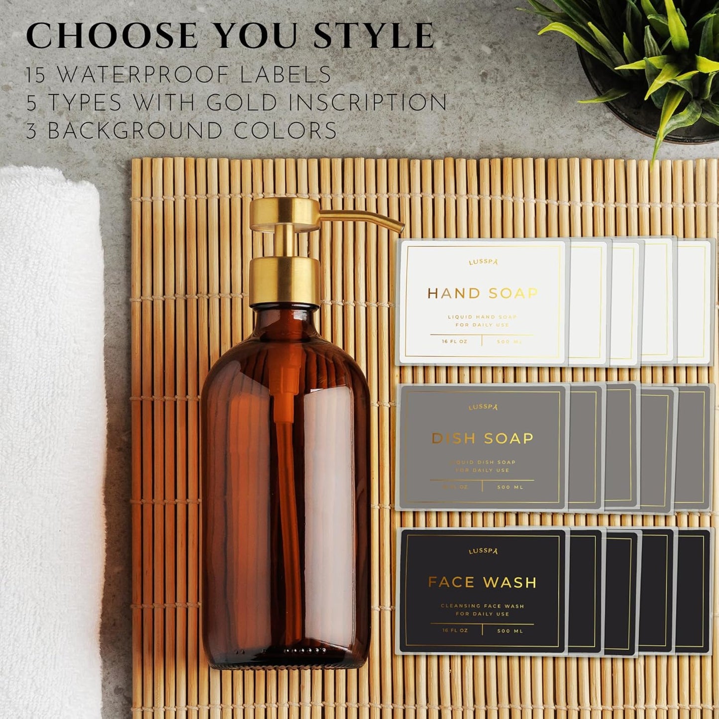 Lotion, Hand & Dish Soap Dispenser for Kitchen Sink - Bathroom Soap Dispenser Set of 2 16.8 Oz Glass Bottles with Stainless Steel Pump, 15 Water Proof Labels & Silicon Tray (Amber/Gold)