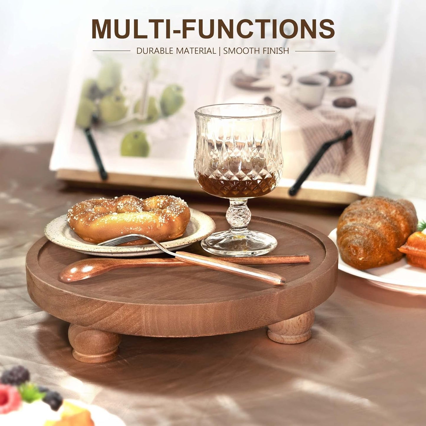 EOSAHR Farmhouse Wood Risers for Bathroom Decor - Decorative Pedestal Tray for Your Kitchen and Home - Rustic Round Waterproof Display Stand Organize for Your Soap, Plants, Jewelry, Perfume(Brown)