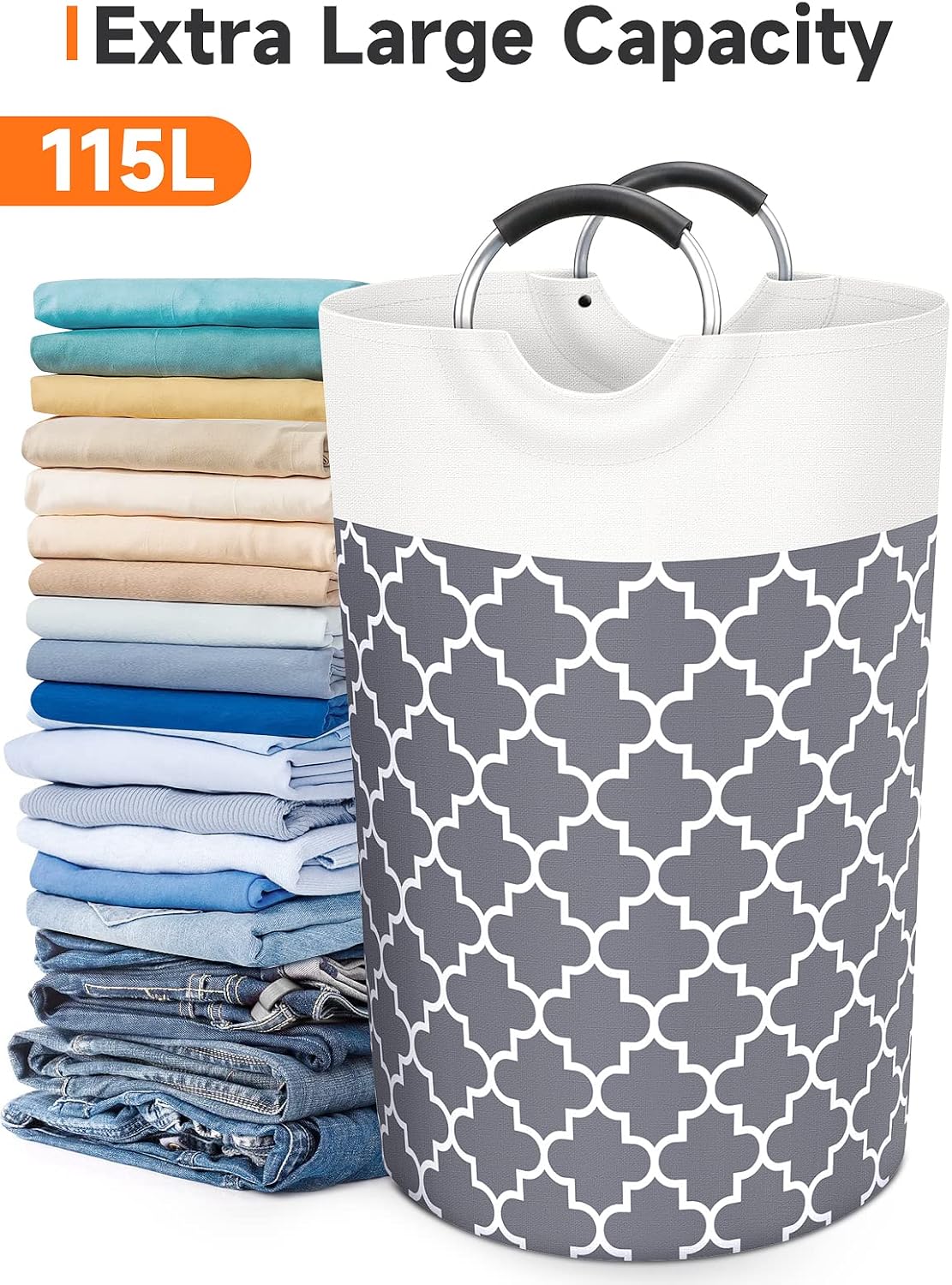 Large Laundry Basket Laundry Hamper Bag Washing Bin Clothes Bag Collapsible Tall With Handles Waterproof Travel Bathroom College Essentials Storage For College Dorm, Family (Grey)115L