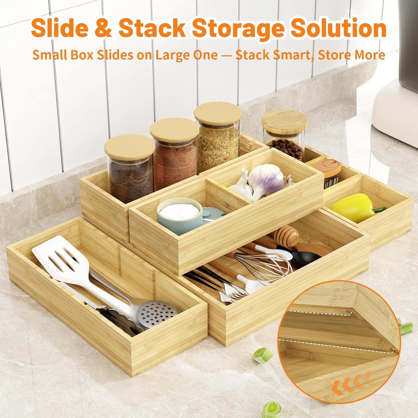 SpaceWhisper Bamboo Drawer Organizer, 10-Piece Drawer Divider with Removable Dividers for Organization and Storage, Multi-Use Stackable Storage Box & Utensil Holder for Kitchen, Office, Makeup & More
