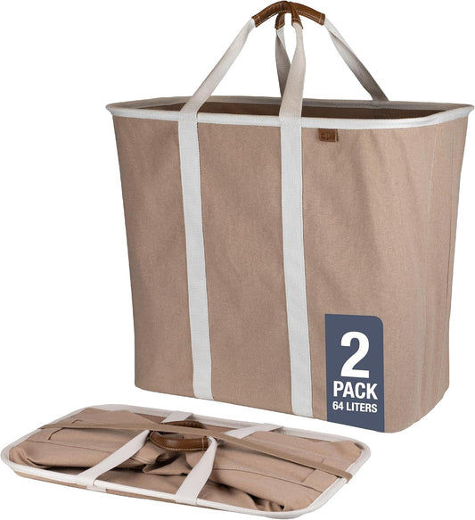 CleverMade Collapsible Laundry Caddy - LUXE Mocha 2-Pack 64L - Foldable Storage Organization Container for Clothes Laundry Room Storage Solution