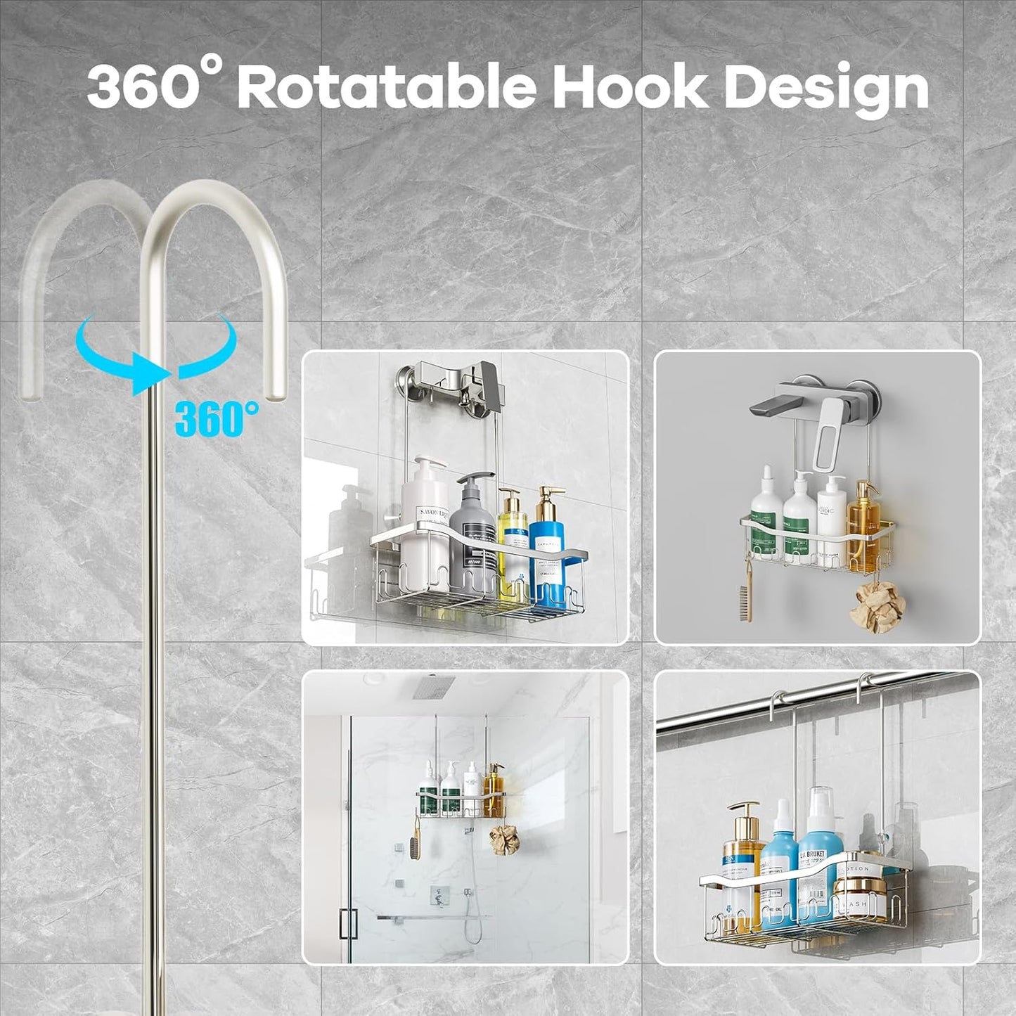 BYT Shower Caddy Hanging, Shower Organizer Hanging for Bathroom, Shower Basket with Hooks, Shower Storage, Shelf, Rack No Drilling for Faucet or Cross Bar (Silver)