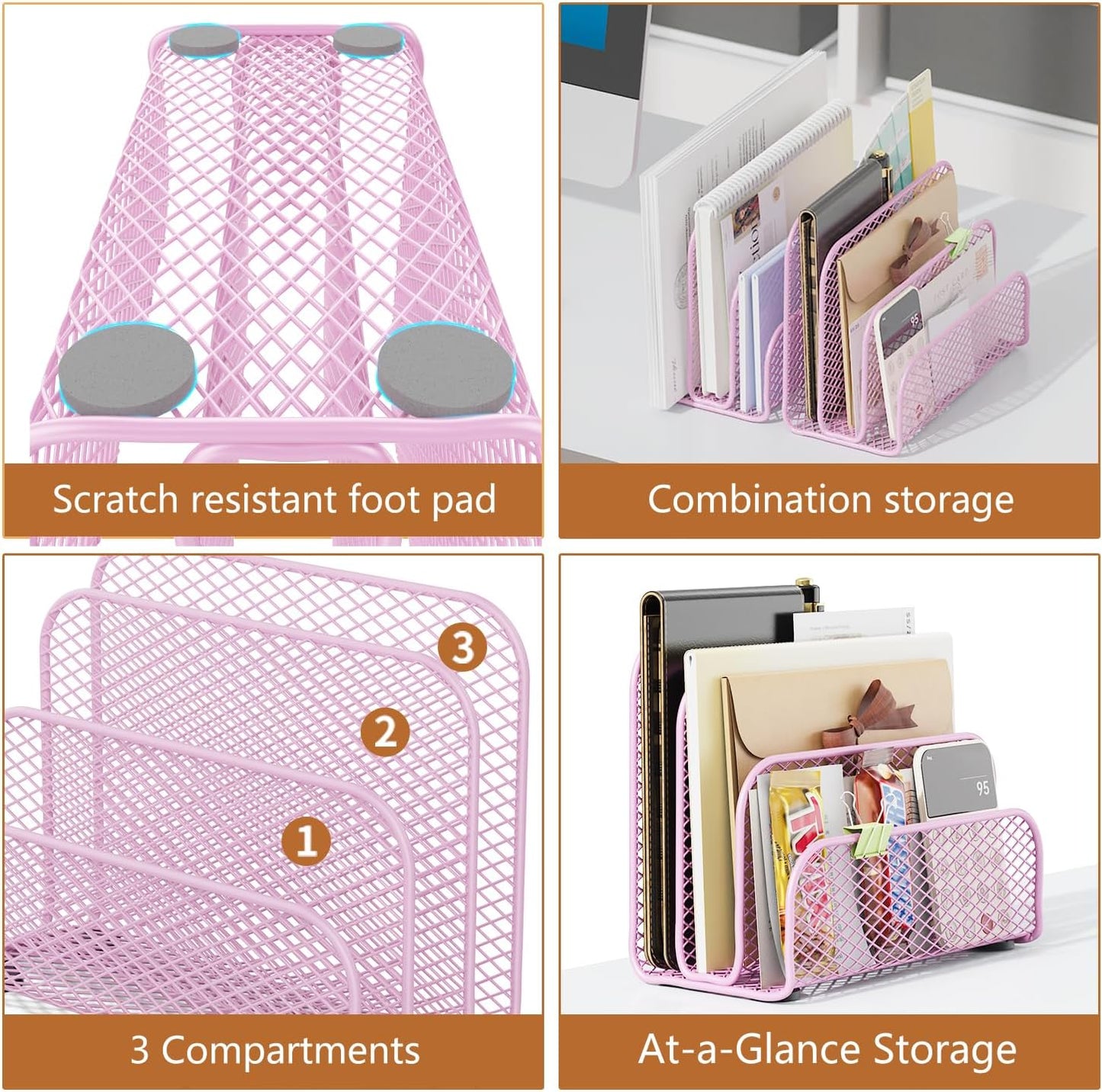 gianotter Mail Organizer Countertop, Metal File Holder with 3-Slot, Pink Desk Accessories for Women Office (Pink)