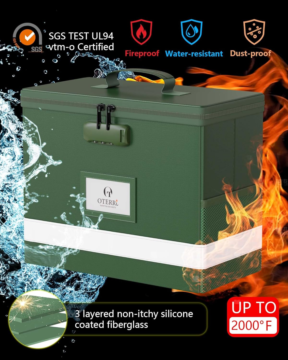 Oterri 2 Pack Fireproof Document Box With Lock, Portable File Safe Box Fireproof Waterproof For Letter Files, Collapsible Fireproof File Box With Handle (Green, 2 Pack)