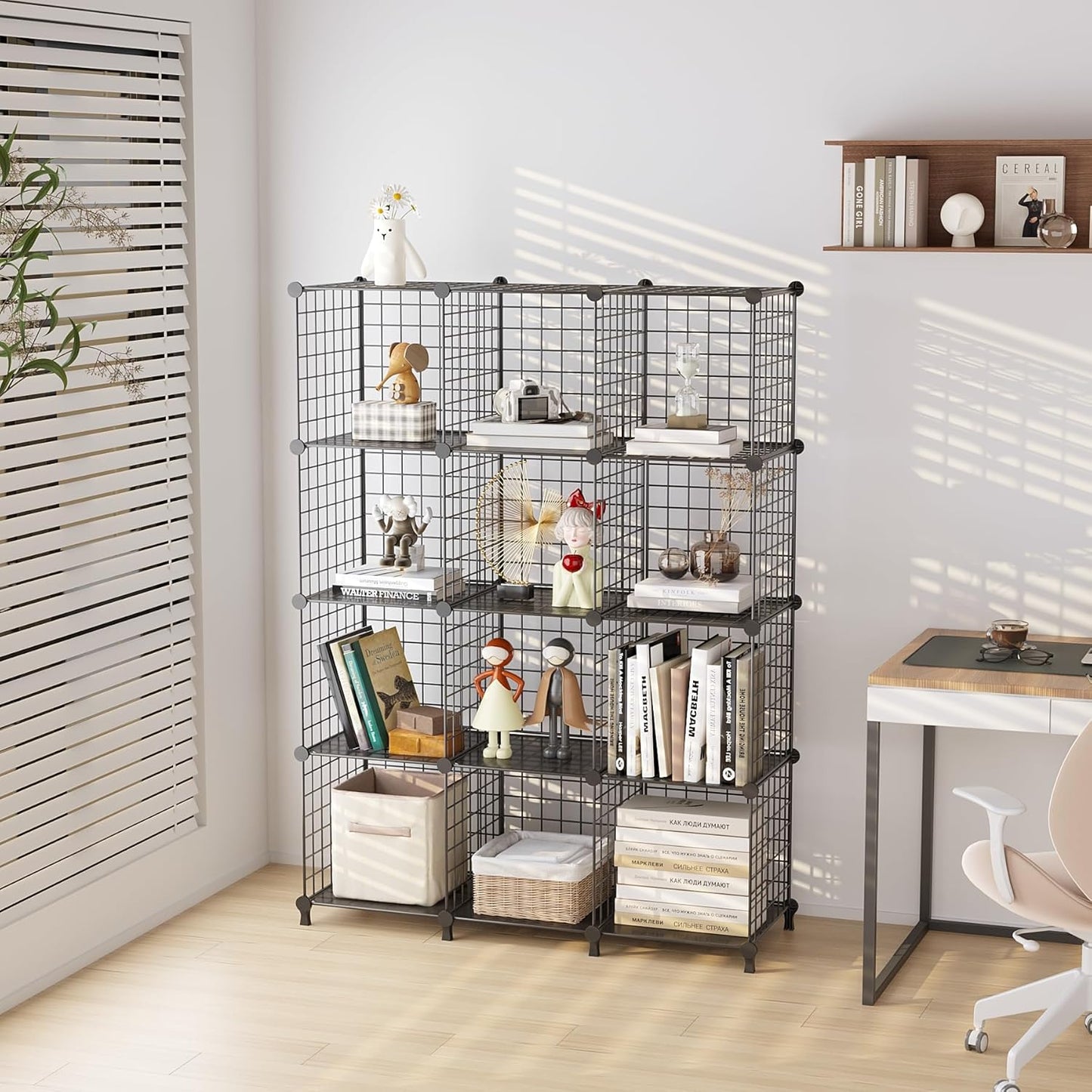 12-Cube Storage Organizer, Metal Wire Cube Shelving Unit, 11.8" L x 11.8" W x 11.8" H, Modular Grid Bookshelf for Closet, Bedroom, Office, Black ATTJL12B