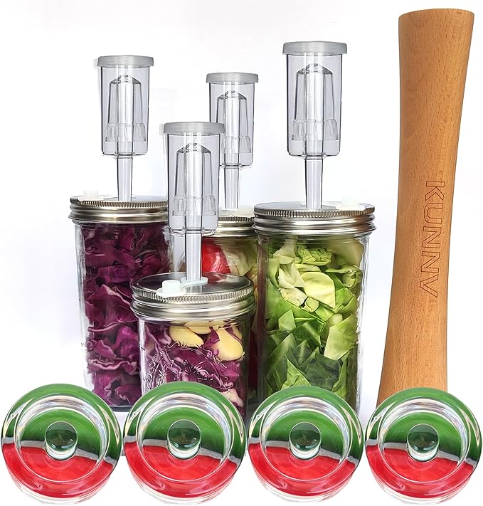 Complete Mason Jar Fermentation Kit - Sauerkraut Pounder + 4pc Glass Weights + 4pc water airlocks Easy Wide Mouth Jars Vegetable Fermenting Set -Suitable for 86MM mason jar (Jars Not Included)
