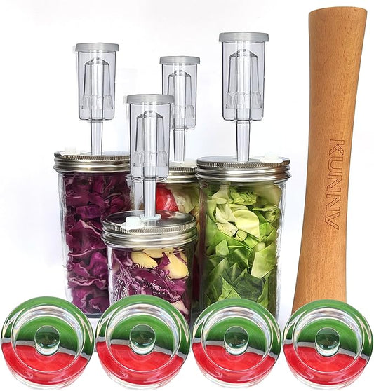 Complete Mason Jar Fermentation Kit - Sauerkraut Pounder + 4pc Glass Weights + 4pc water airlocks Easy Wide Mouth Jars Vegetable Fermenting Set -Suitable for 86MM mason jar (Jars Not Included)
