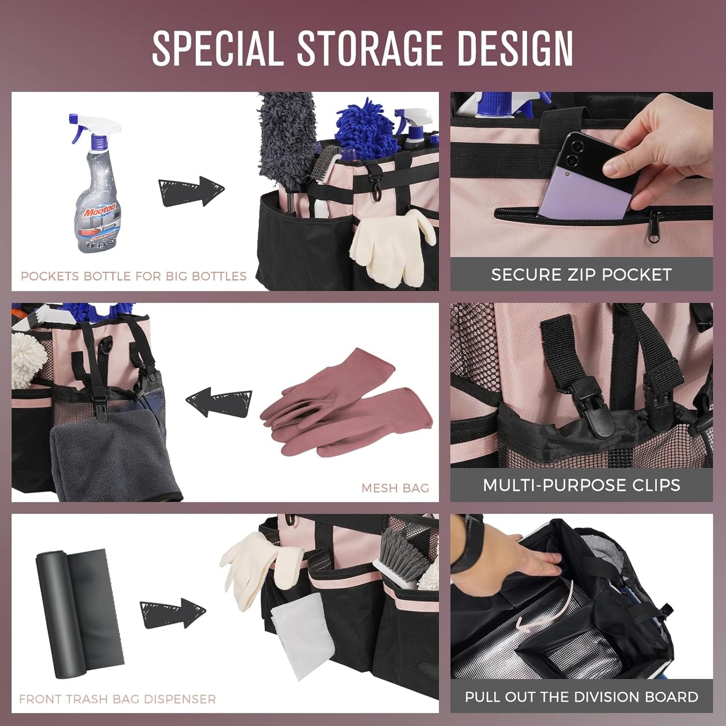 Wearable Cleaning Caddy, Cleaning Caddy Supplies Organizer with Handle & Shoulder Straps for Housekeepers, Under Sink & Car Cleaning Tool Organizers Bag with 4 Foldable Divider (Pink)