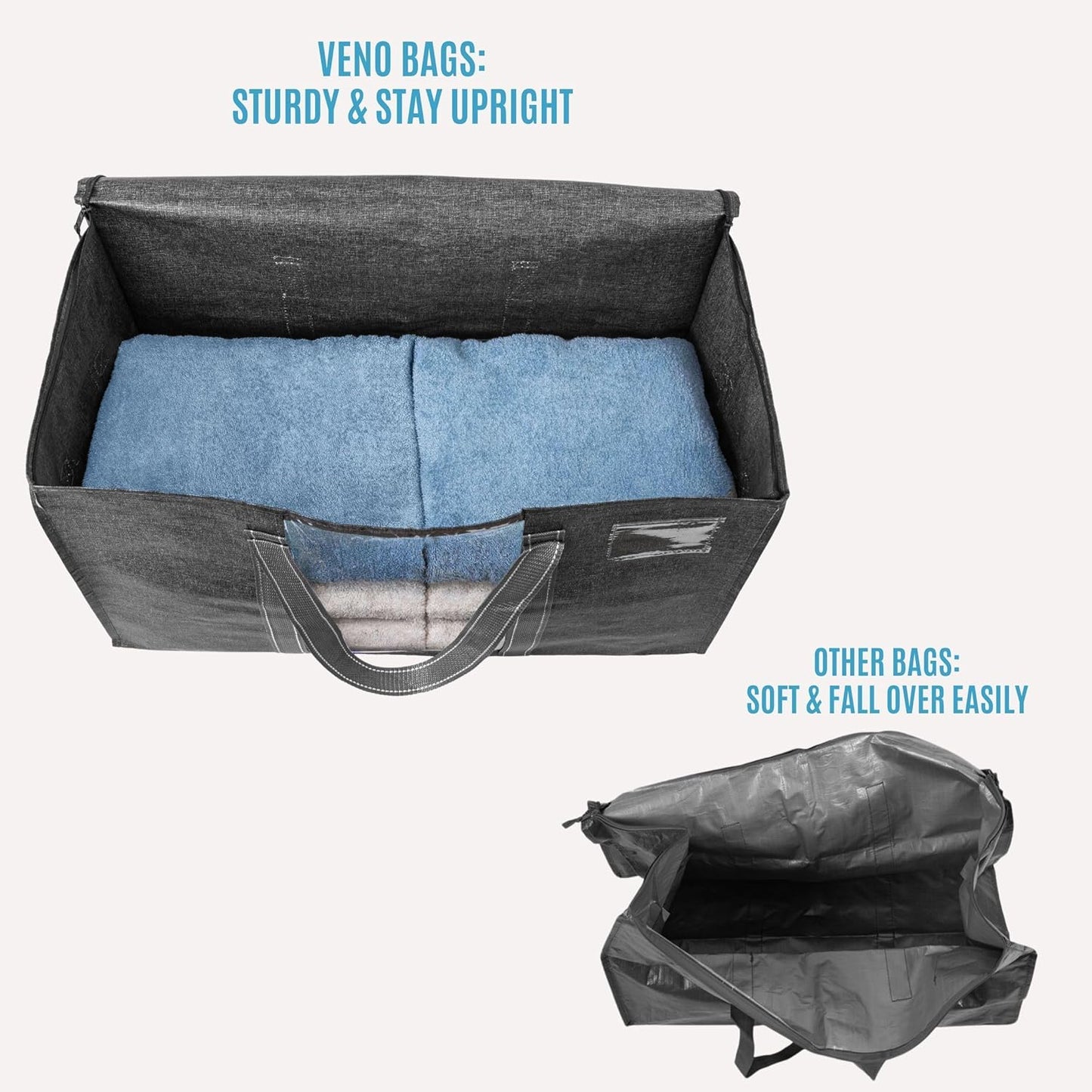 VENO 6 Pack Moving Bags, Moving Supplies, Moving Boxes, College Packing Storage Boxes with Lids Alternative, Heavy Duty Totes, Extra Large, Sturdy Handles, Zipper (Dark Gray with Window, 6 Pack)