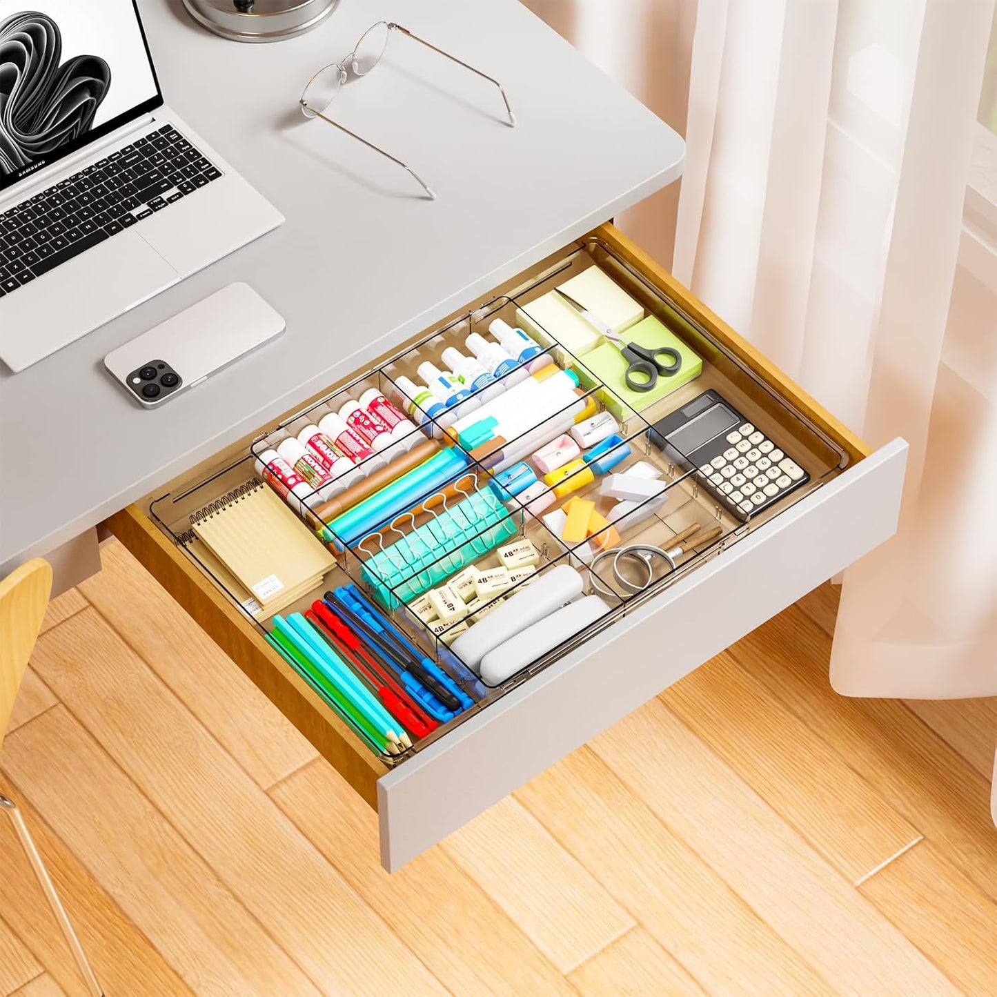 Yieach Large Expandable Desk Drawer Organizer Tray for Office Supplies and Accessories With 12 Adjustable Compartments,Office Drawer Organizers for Pencil,Pen and Kitchen Junk Drawer Organizer,Clear