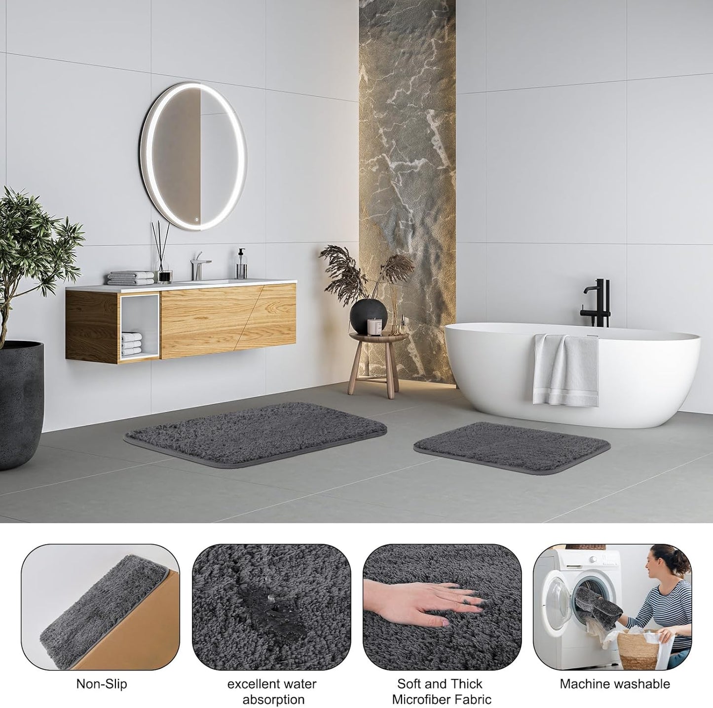 Bathroom Accessories Set - 24PCS Bathroom Set with Shower Curtain and Rugs, Trash Can, Toilet Brush Holder Set & Soap Dispenser – Stylish & Functional Bath Decor for Home, Apartment, Grey