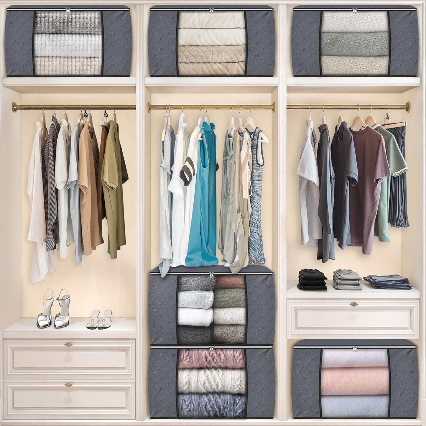 Fab totes 24 Gallons Clothes Storage, Foldable Thick Fabric Blanket Storage Bags, Containers for Organizing Bedroom, Closet, Clothing, Comforter, Organization with Handle (10 Pack,Grey)