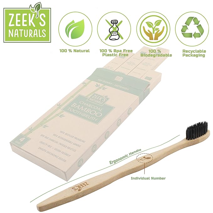 Biodegradable Eco-Friendly Natural Bamboo Charcoal Toothbrushes - Pack of 4 - Numbered - Charcoal Infused Bristles