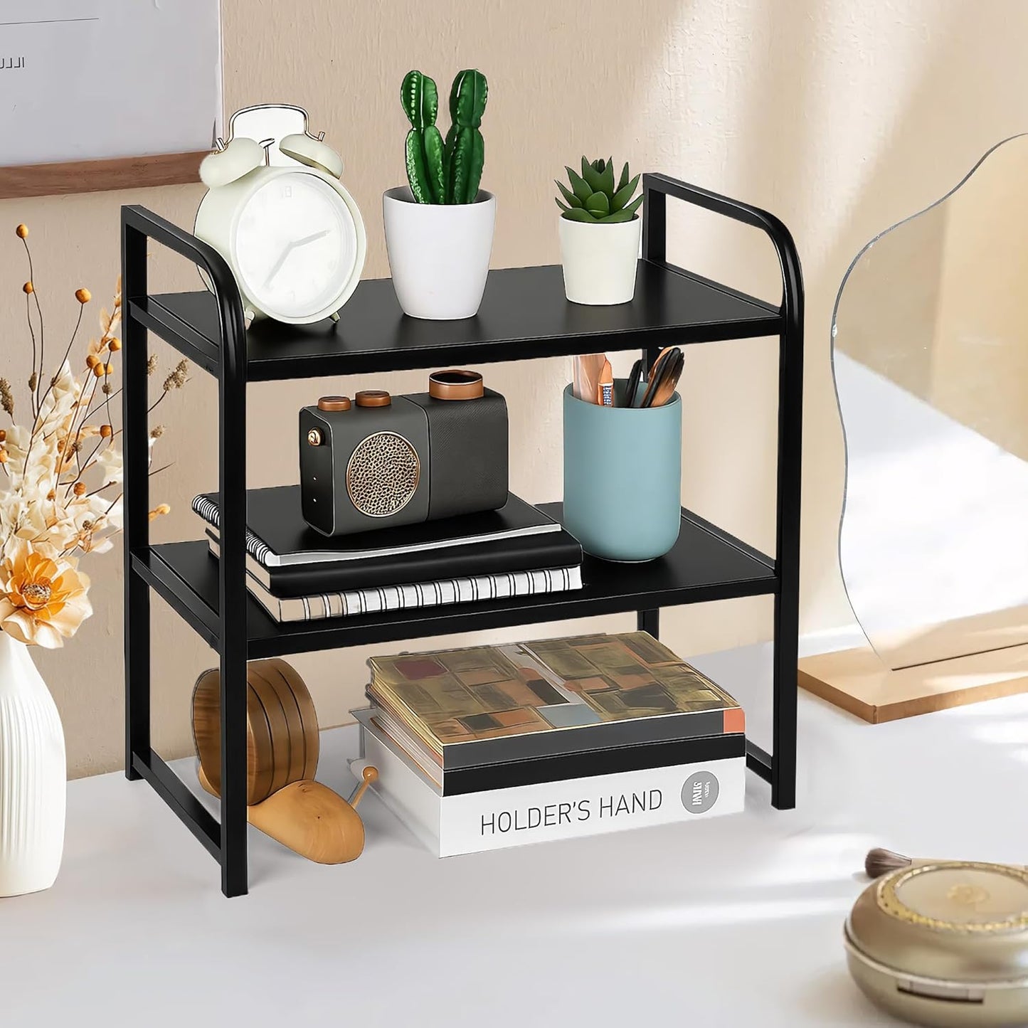 Desktop Shelf Organizer, 2-Tier Office Desk Shelf for Top of Desk, Wood & Metal Bookshelf Supplies Storage Rack (Black)