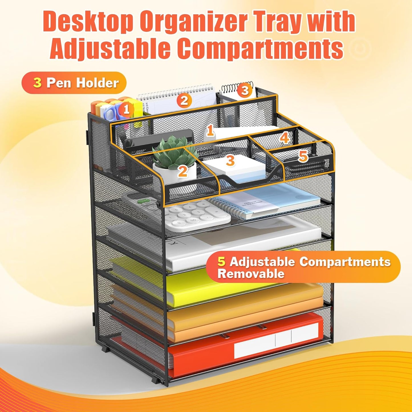 Docnest 6 Tier Mesh Desk Organizer for Paper Office Supplies – Multi-Functional Letter Tray with 5 Adjustable Compartments, 3 Pen Holders, Desktop Storage for Files, Mail, Stationery – Black