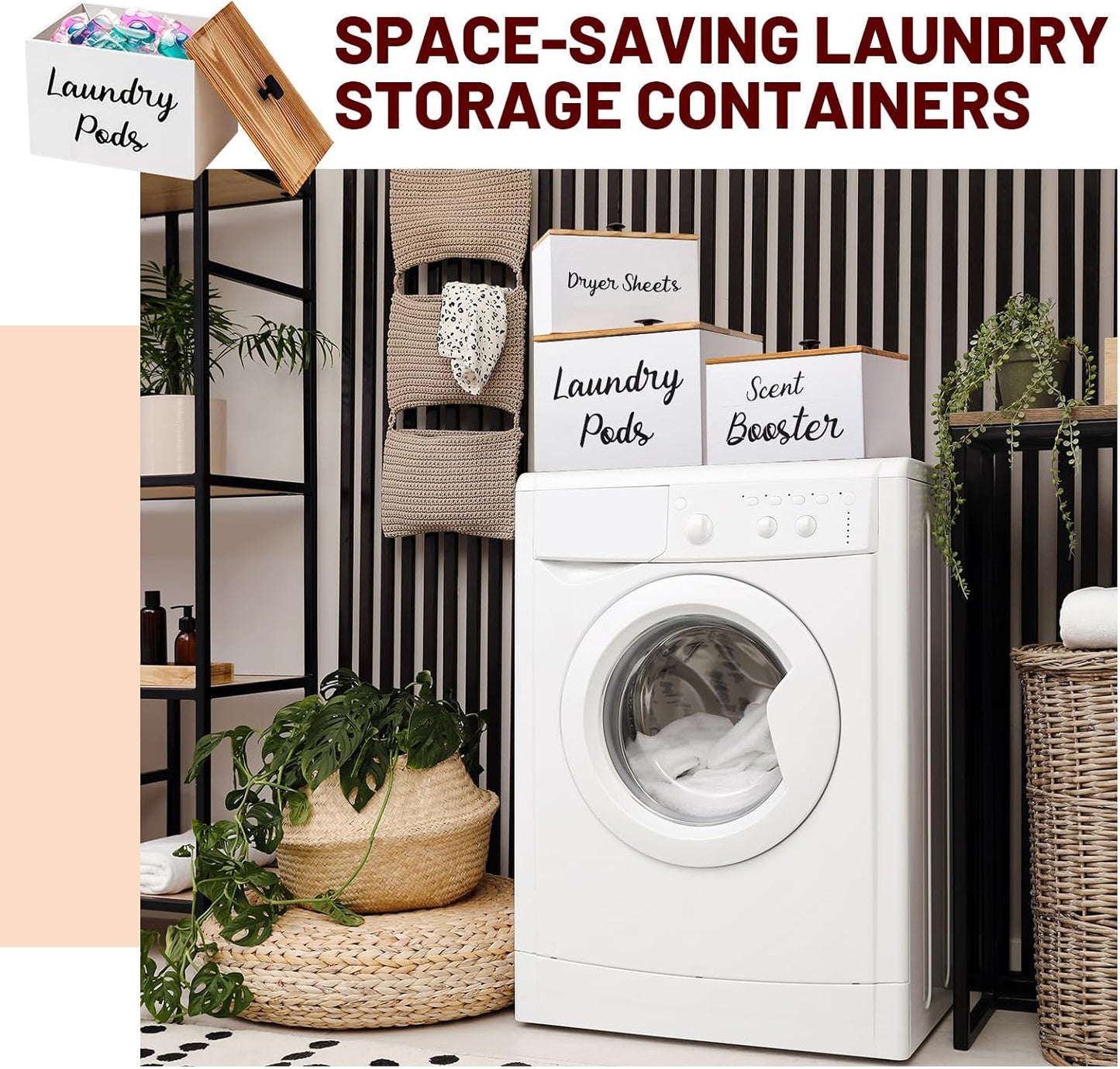 Dandat 3 Pcs Dryer Sheet Holder Laundry Pod Holder Scent Booster Container Set with Scoop Rustic Wood Dryer Sheet Container Laundry Beads Dispenser for Storage(White)