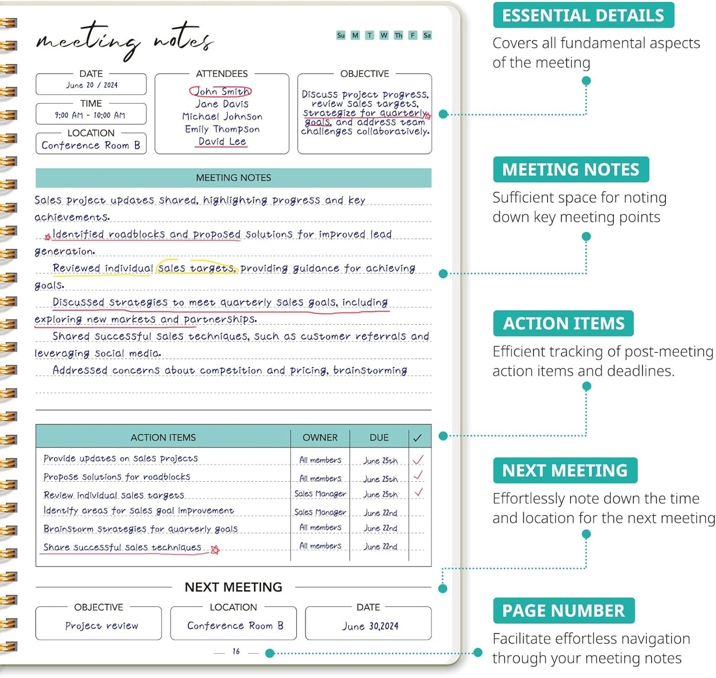 Taja Meeting Notebook for Work Organization - Work notebook with action items, Meeting Minutes Planner Notebook, Perfect Office Supplies for Men & Women - Beige