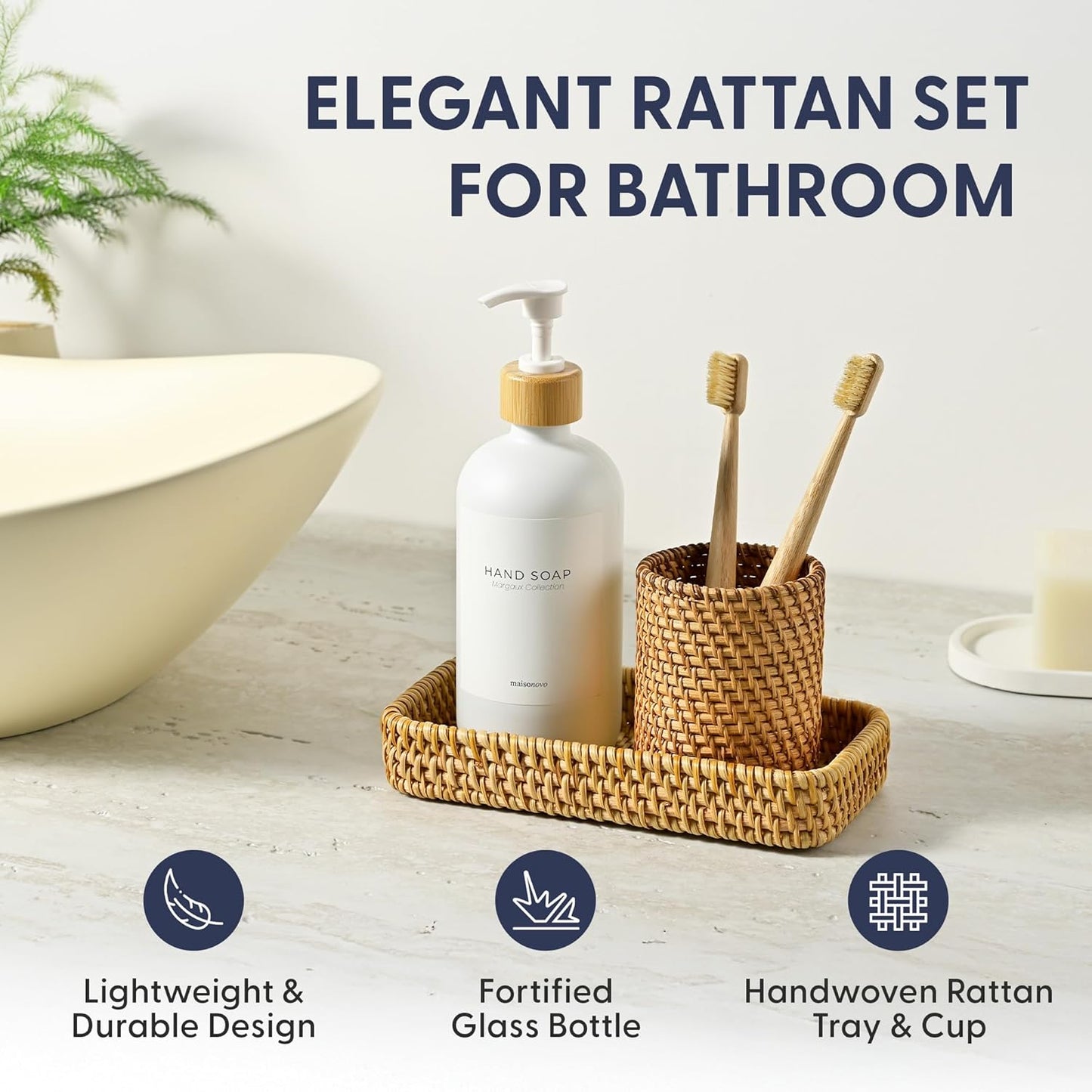 MaisoNovo Rattan Bathroom Set - White Countertop Dispenser, Toothbrush Holder & Toothpaste Cup with Tray - Set of 3 - Rattan Bathroom Vanity Trays Rectangle for Storage