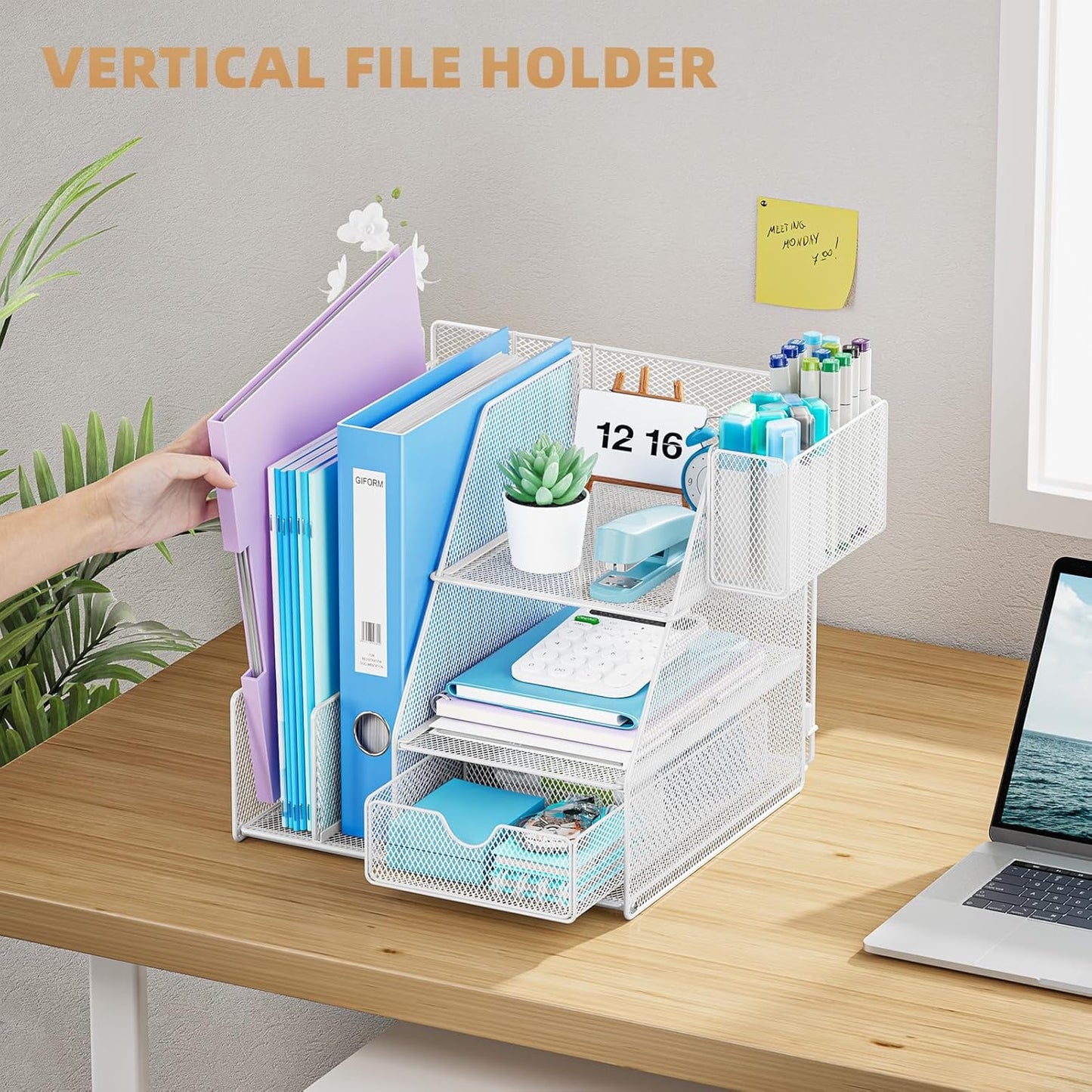 Marbrasse Desk Organizer and Accessories, 3-Tier File Organizer with Drawer and Pen Holder, Small Desktop Organizer and Storage for Workspace Office Supplies White