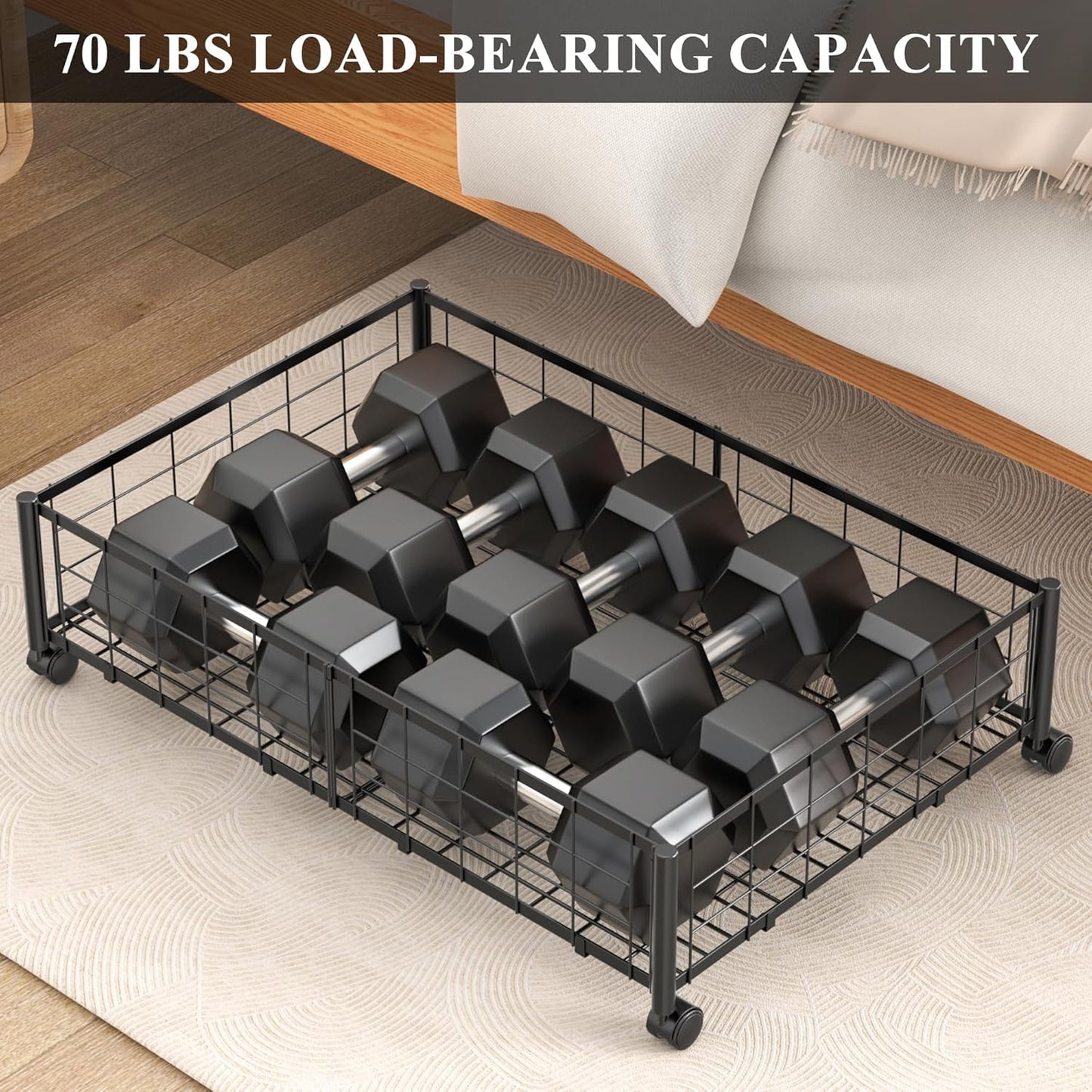 Under Bed Storage with Wheels and Cover, 360° Rolling Under Bed Metal Drawers for Clothes, Blankets, Books and Shoes,Black
