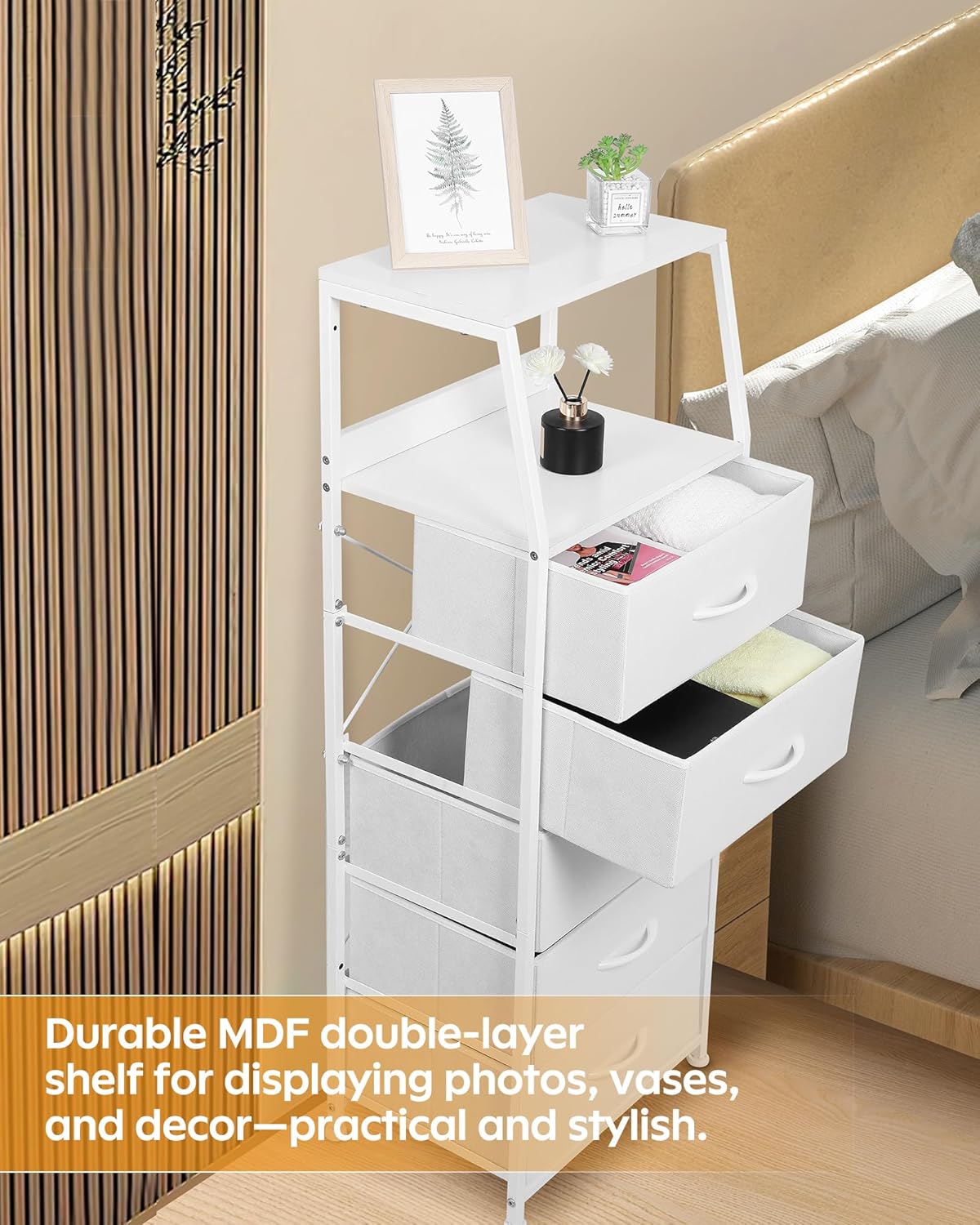 Dresser for Bedroom, Fabric Nightstand Tall Dresser & Chests of Drawers with 5 Drawers, Vertical Organizer Storag, Hallway, Entryway White