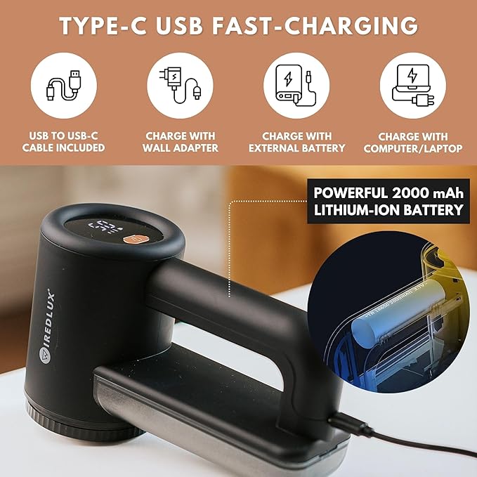 Rechargeable Fabric Shaver - Electric Lint Remover for Clothes & Couch - Adjustable 3-Speed, 6-Leaf Blade, LED Display, USB Charging - Depiller with Dual Protection (Midnight Black)