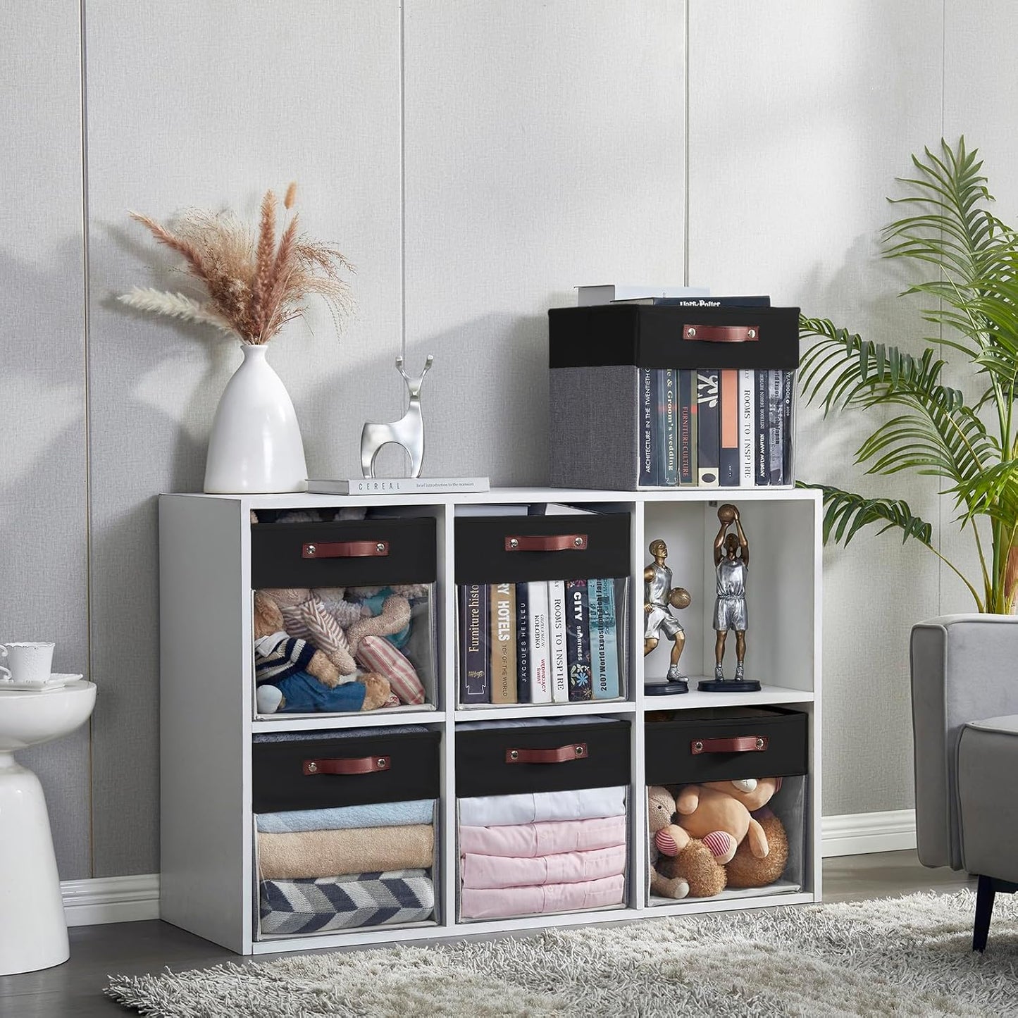 Storage Cubes, 4 Pack Linen Foldable Storage Bins (13 x 13 inch) with Clear Window and Handles, Fabric Organizer for Shelf Closet, Clothes, Books - (Gray and Black)