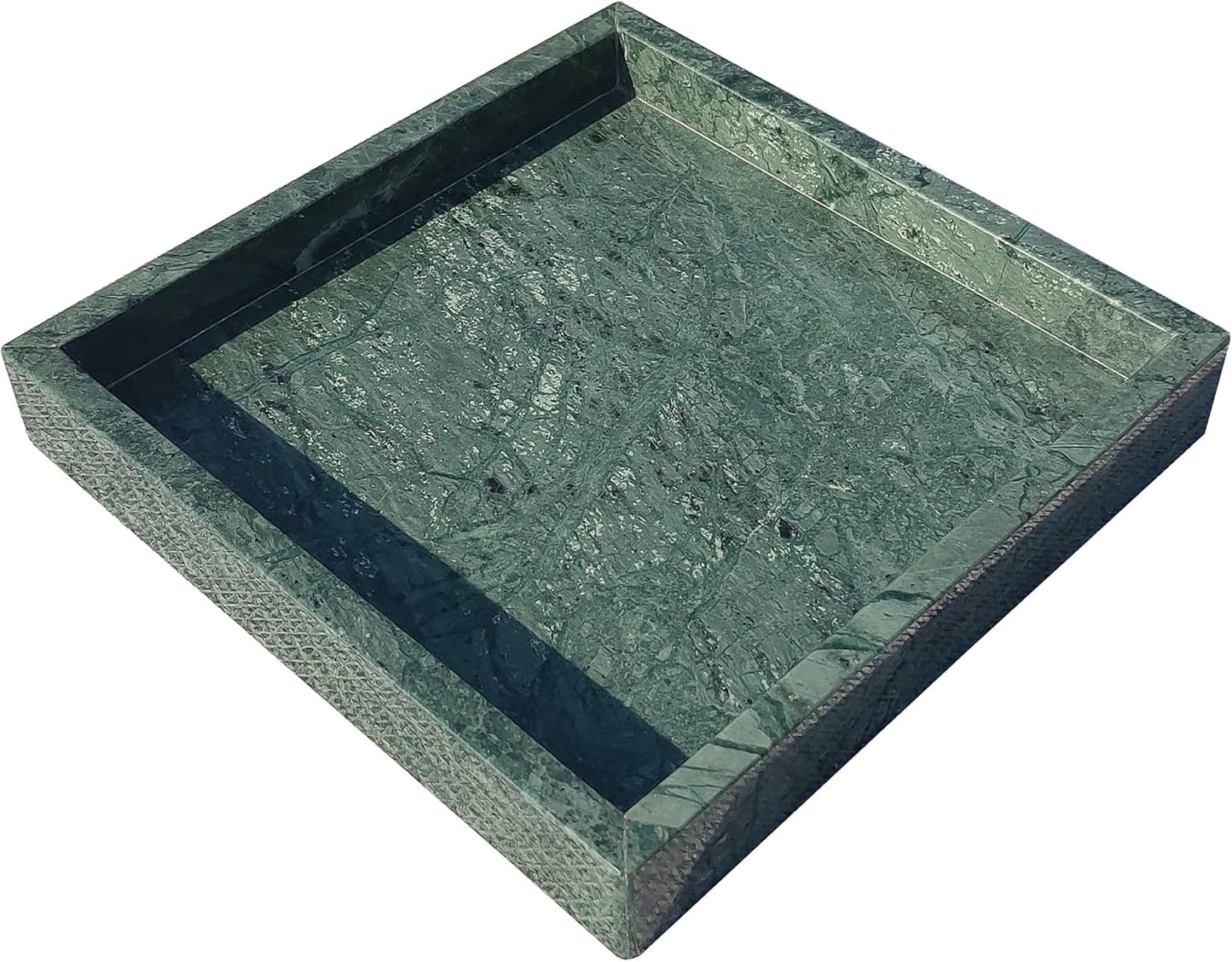 8x8 Natural Marble Vanity Tray: Polished Luxury Square Organizer for Bathroom Kitchen Dresser Makeup Jewelry Coffee Table Home Decor, Dark Green